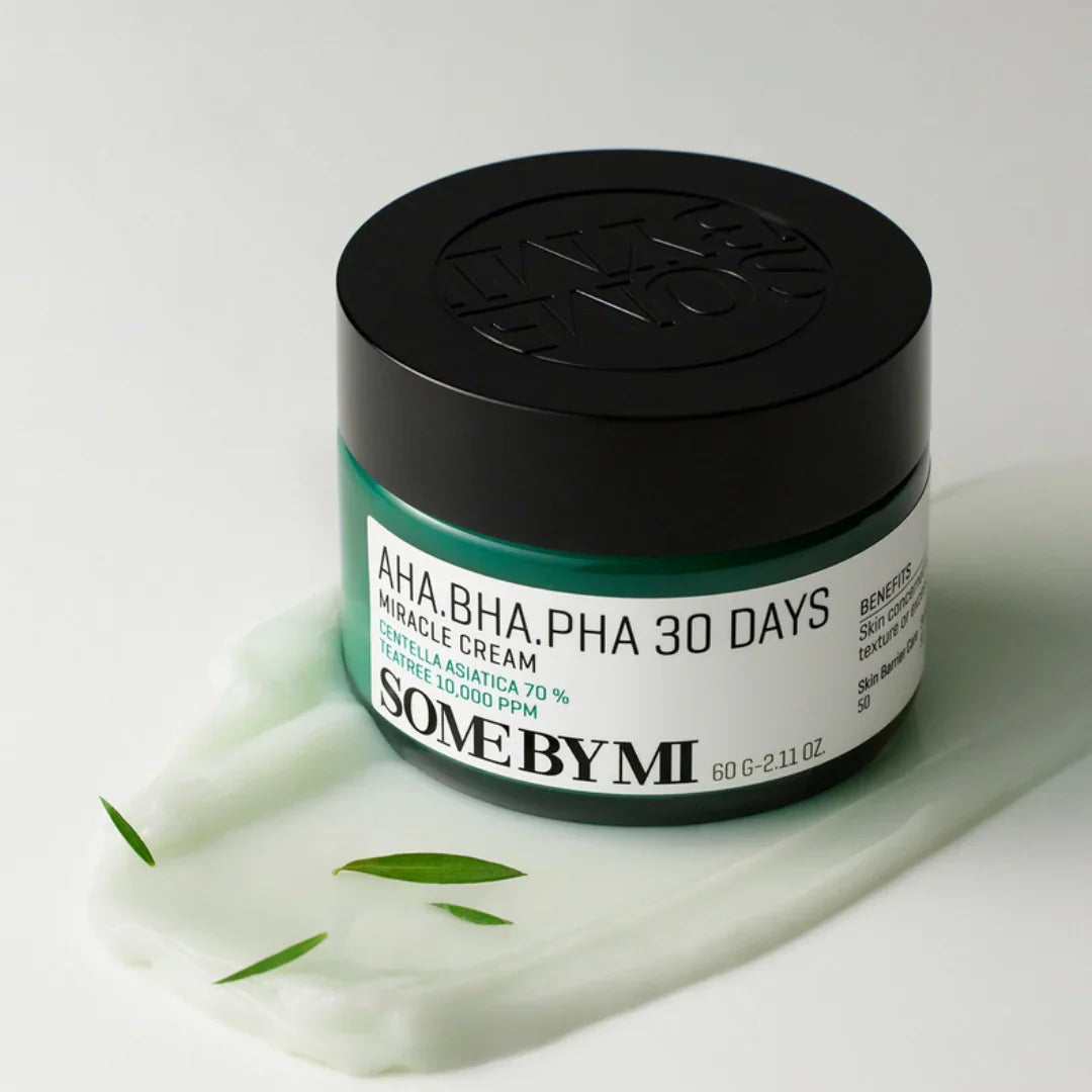 SOME BY MI AHA BHA PHA 30 Days Miracle Cream jar with Centella Asiatica and tea tree on white surface