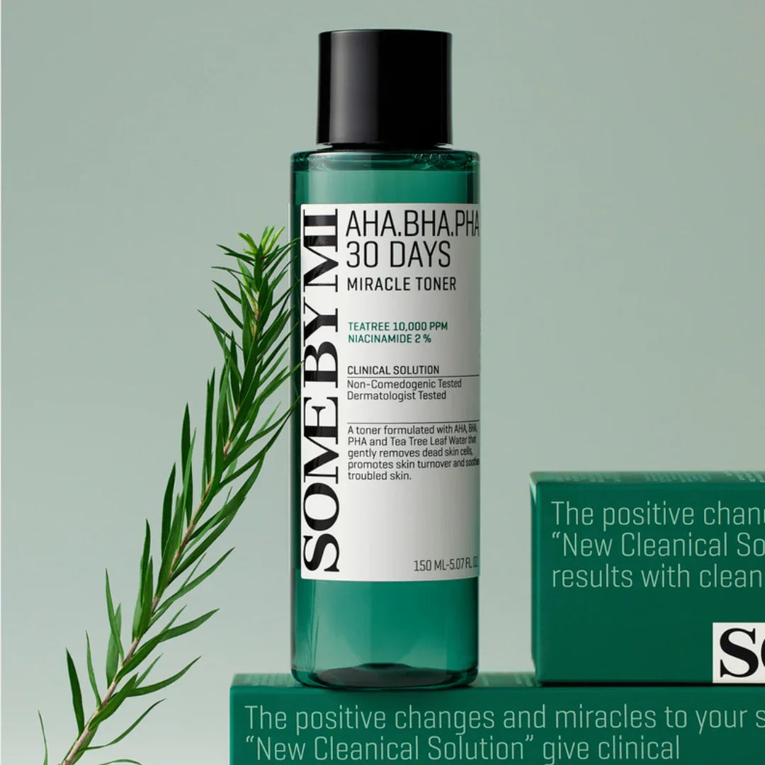SOME BY MI 30 Days Miracle Toner bottle with AHA BHA PHA, tea tree, niacinamide on green background, K-Beauty skincare