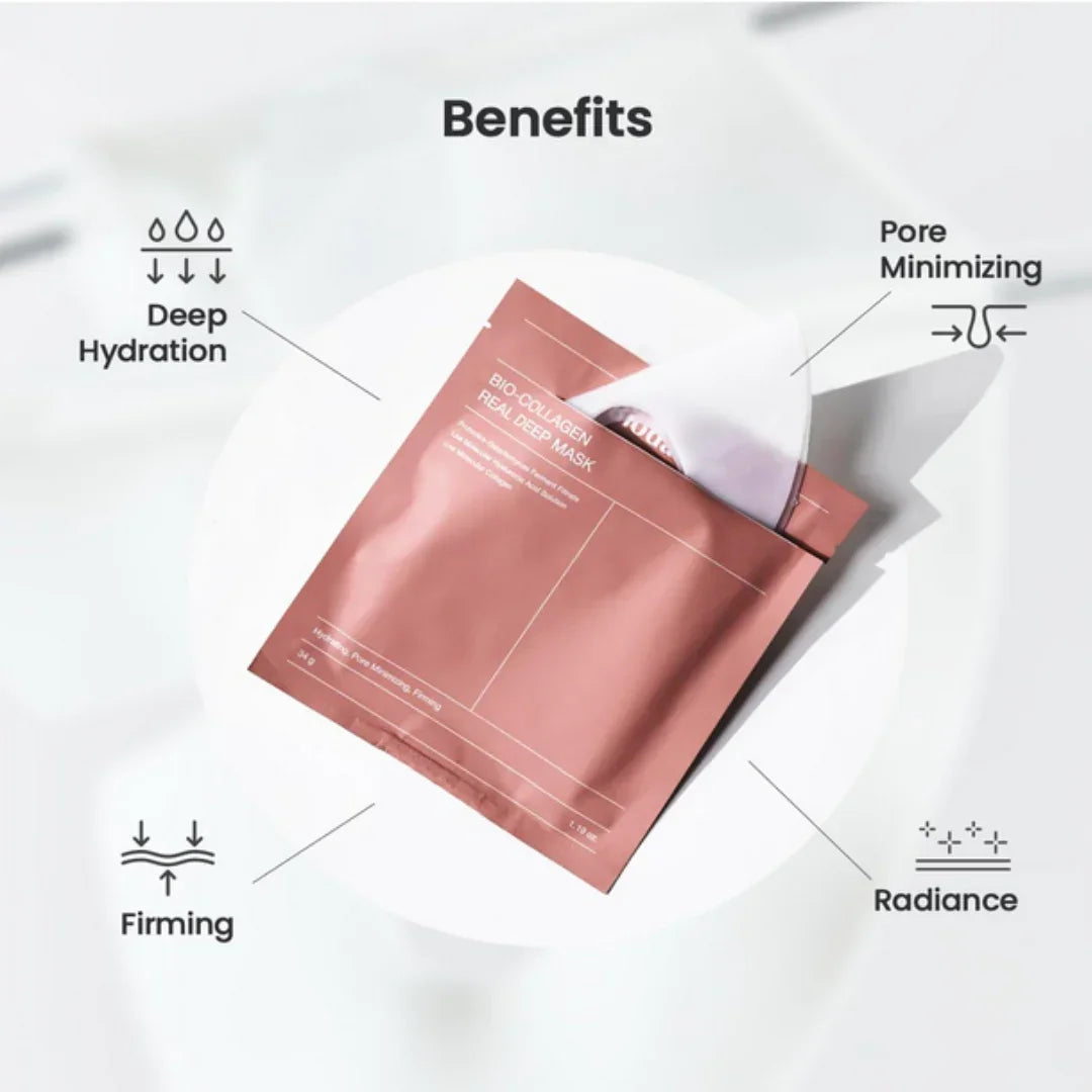 Bio-Collagen Real Deep Mask package on white plate highlighting benefits like deep hydration, pore minimizing, firming, and radiance
