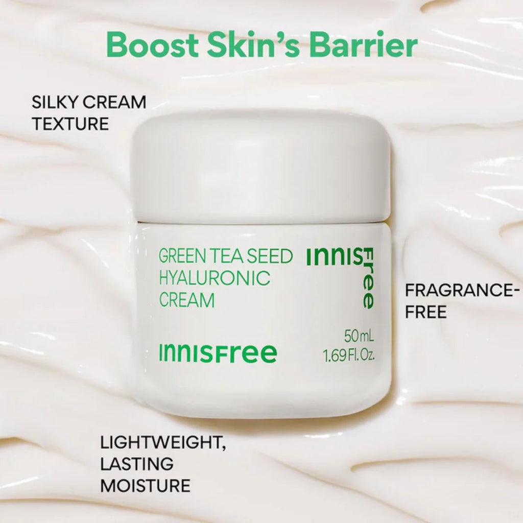 Innisfree Green Tea Seed Hyaluronic Cream 50ml jar on creamy white background with boost skin's barrier text