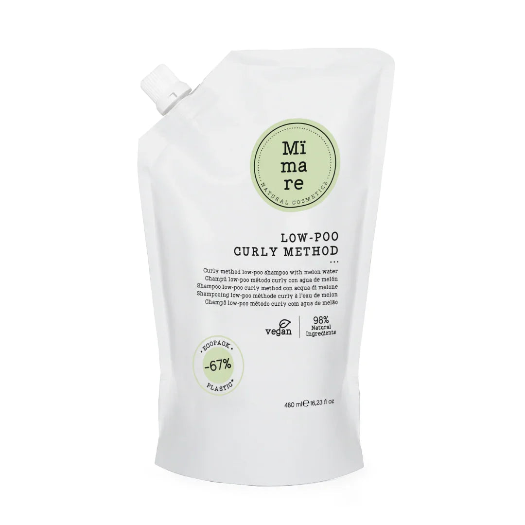 Mimare Low-Poo Curly Method shampoo pouch with melon water, vegan, 98% natural ingredients, eco-friendly packaging
