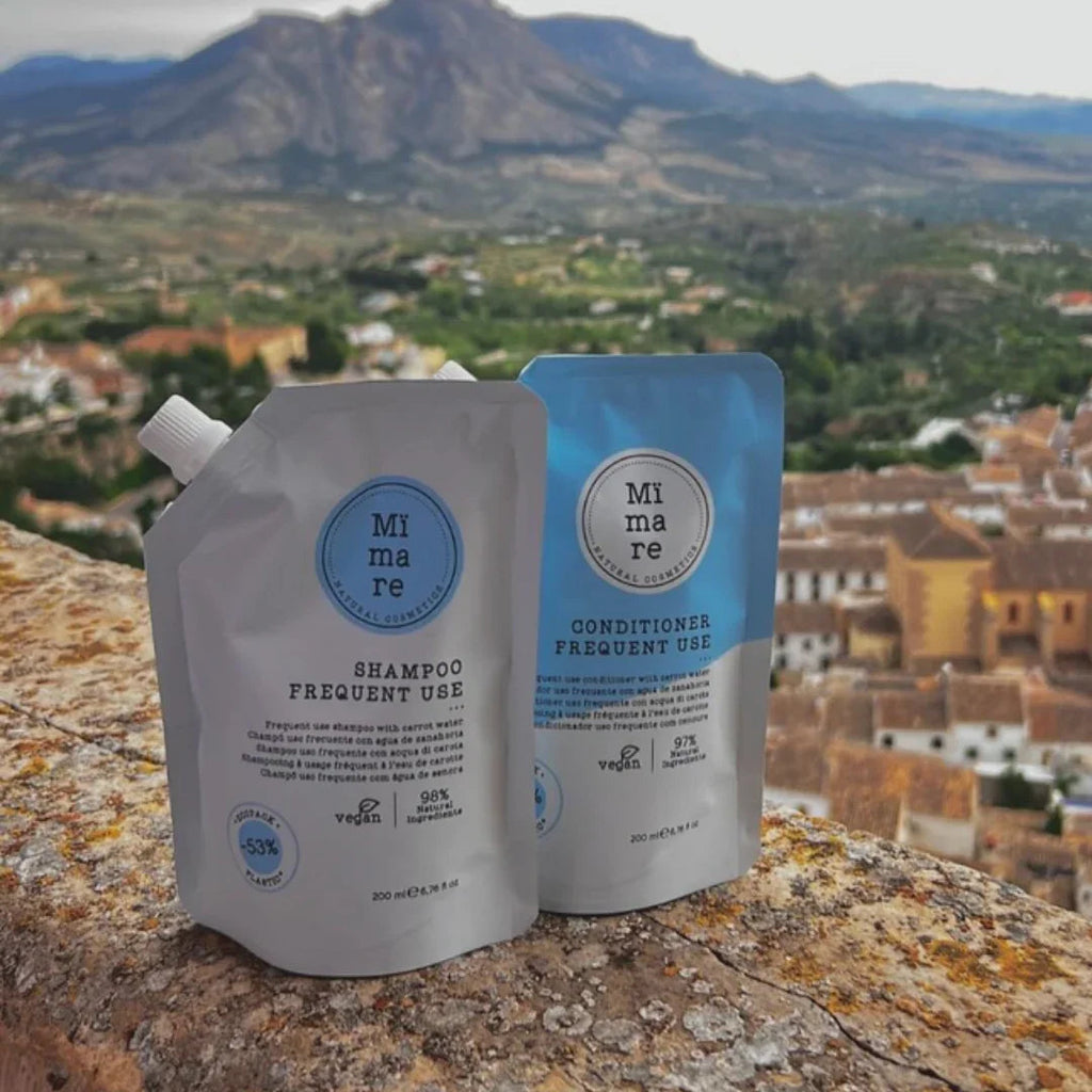 Mimare natural cosmetics shampoo and conditioner pouches for frequent use with vegan and natural ingredients label