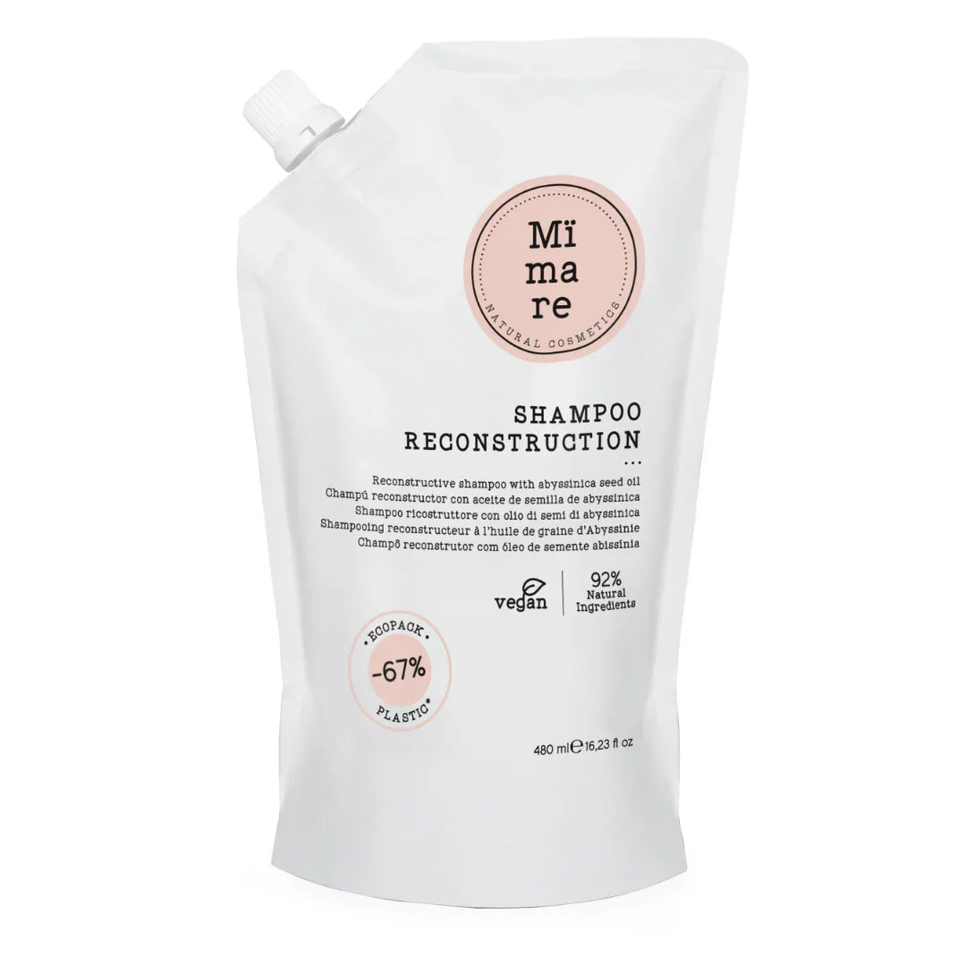 Mimare natural cosmetics shampoo reconstruction in eco-friendly 480ml refill pouch with 92% natural ingredients and vegan formula