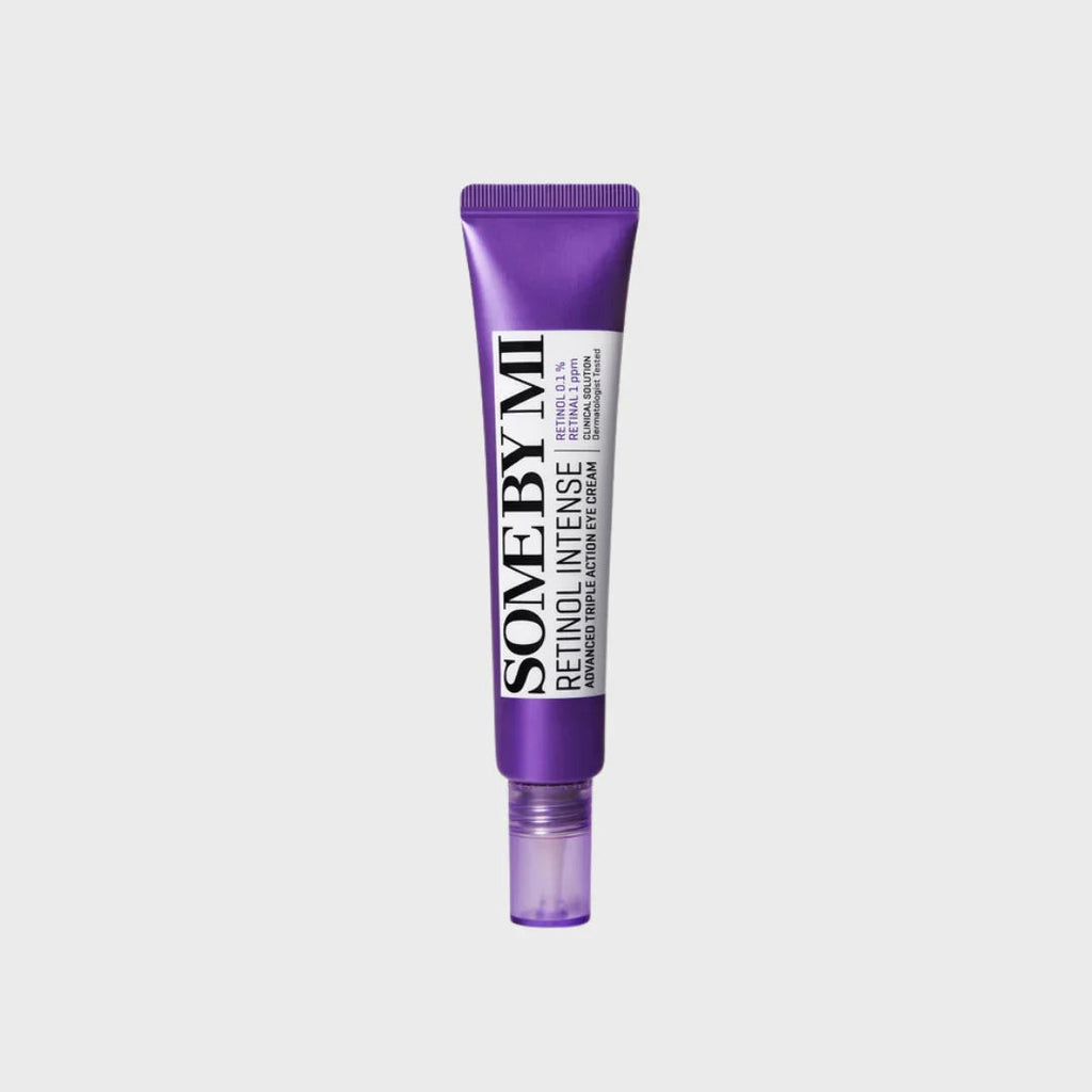 Tube of SOME BY MI Retinol Intense Advanced Triple Action Eye Cream in purple packaging