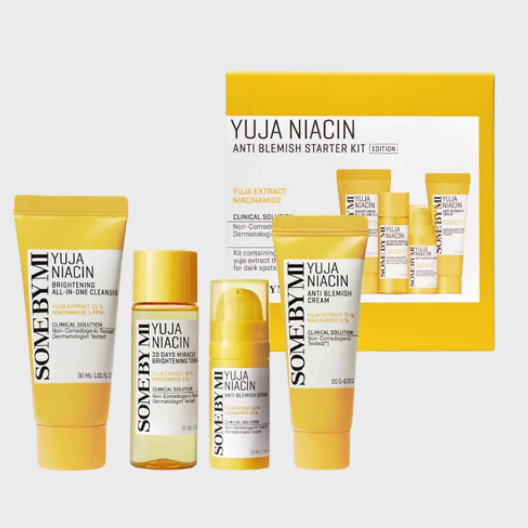 Some By Mi Yuja Niacin Anti Blemish Starter Kit with brightening cleanser, serum, toner, and cream in yellow packaging